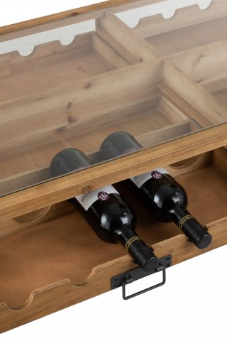 Table basse 2 tiroirs pour bouteilles FAKY métal noir et bois naturel.
